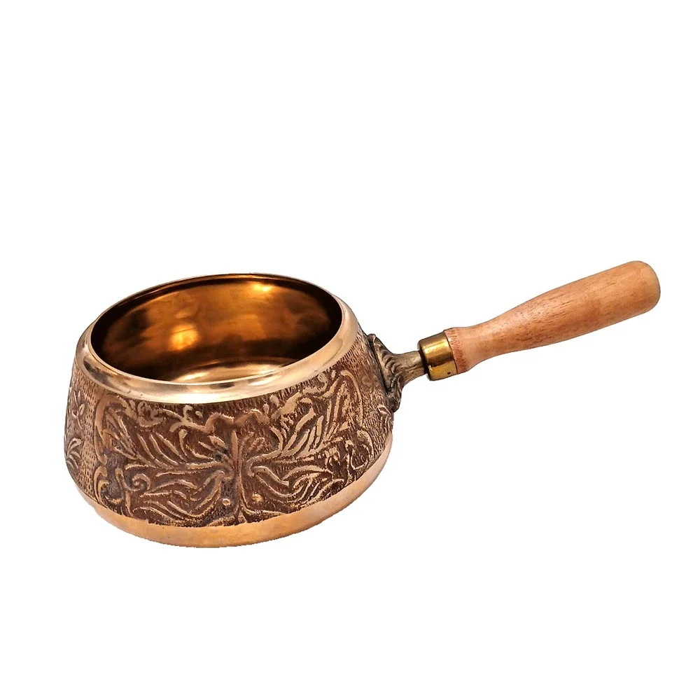 Exotic Copper Sauce Pot Wood Handle Hammered Design Fondue Party Vintage Patina
